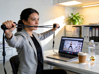 都市白领在办公室进行午间线上健身课程