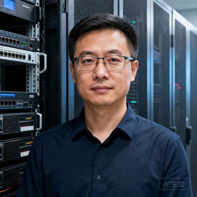 技术副总裁陈伟的半身照,戴着眼镜的男性技术专家站在服务器机房前,身后是整齐排列的机柜设备