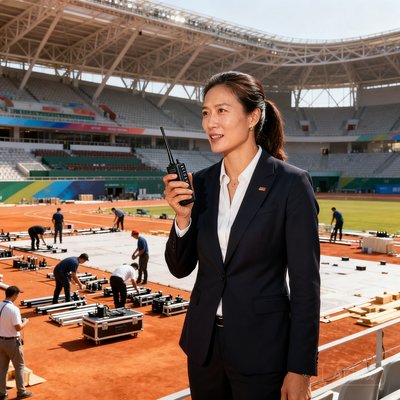 赛事执行总监李娜的工作照,女性体育管理专家手持对讲机站在大型体育场馆内场,身后是正在布置的赛事场地