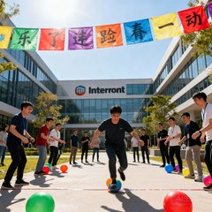 某知名互联网科技企业园区运动会场景照片,员工们在彩色横幅下参与趣味竞赛